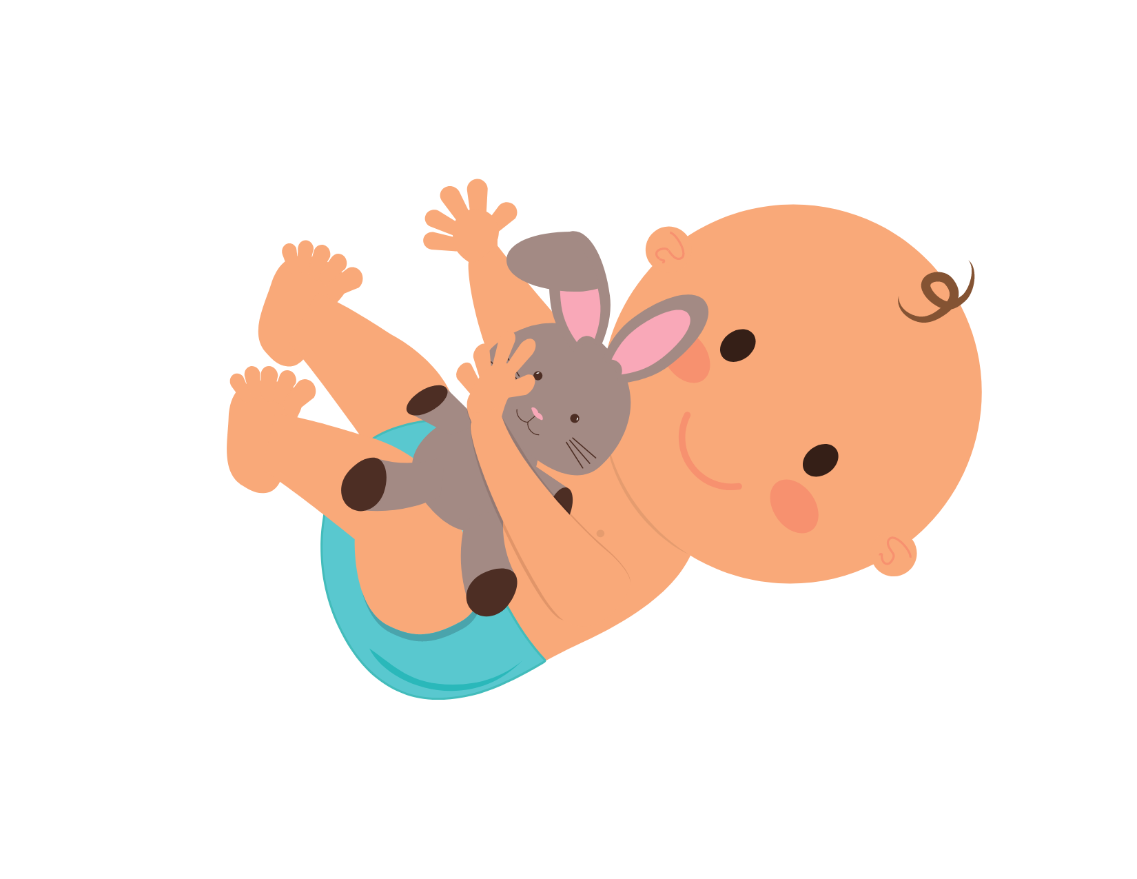 illustrated image of a happy baby lying on its back holding a stuffed bunny