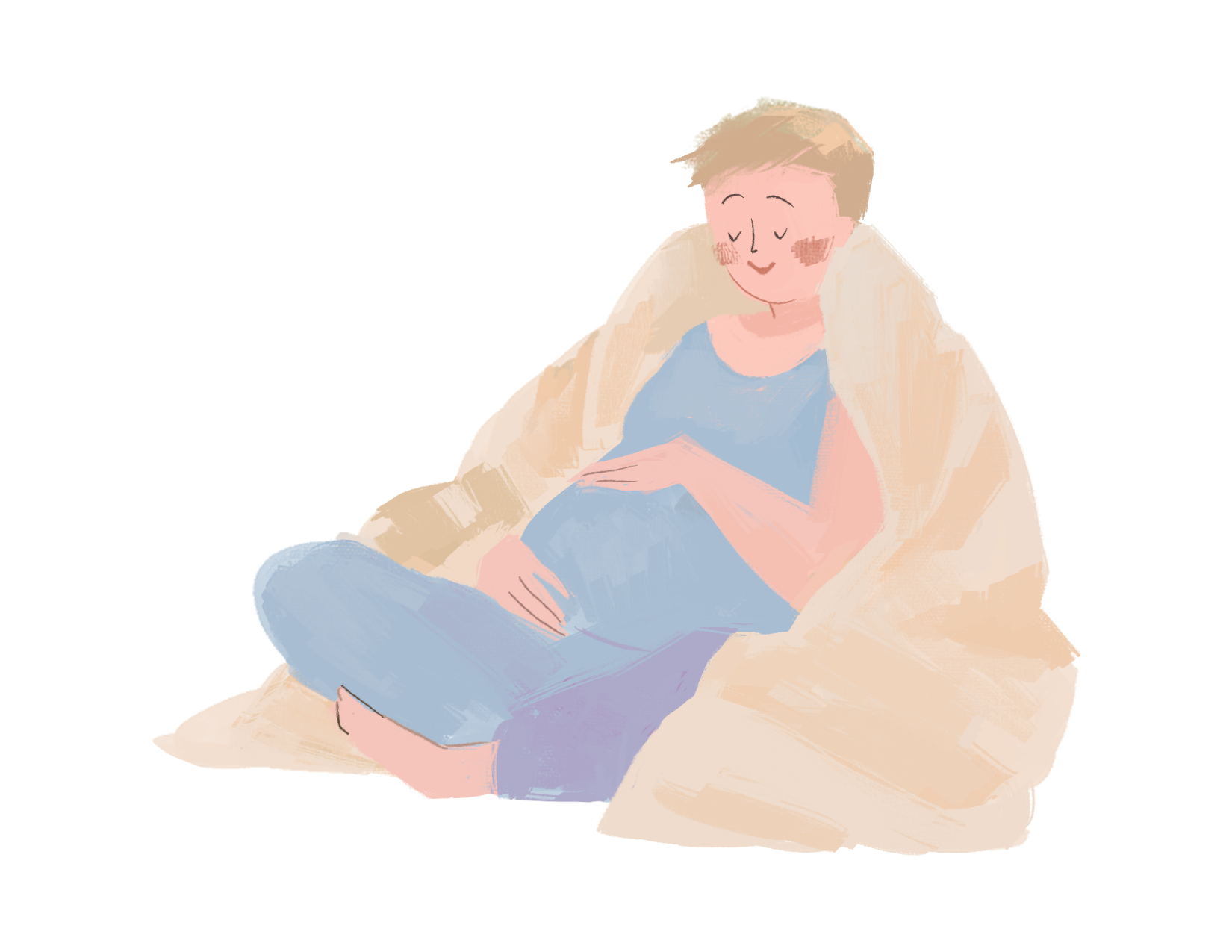 illustrated image of pregnant person sitting with legs crossed holding their belly with a blanket wrapped around their shoulders