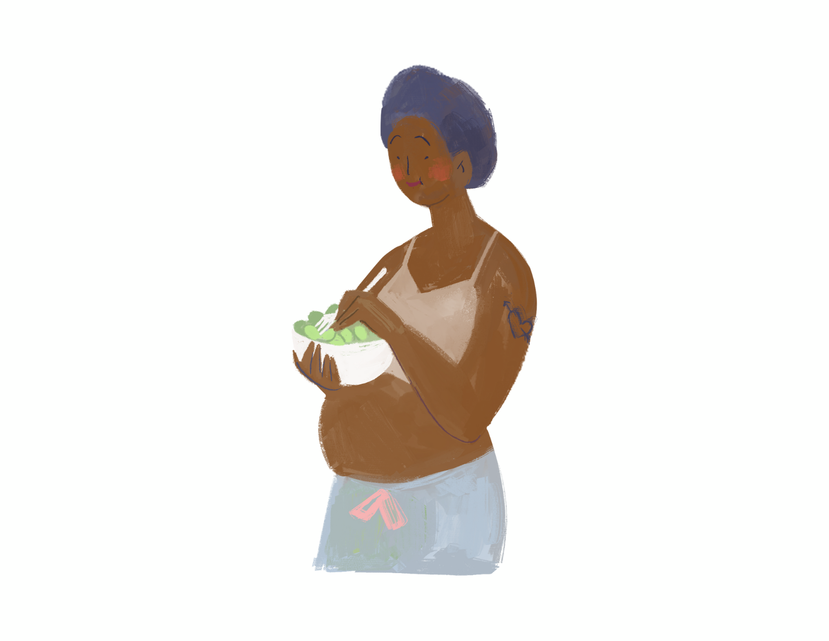 illustrated image of pregnant person with a bowl of salad resting on their belly