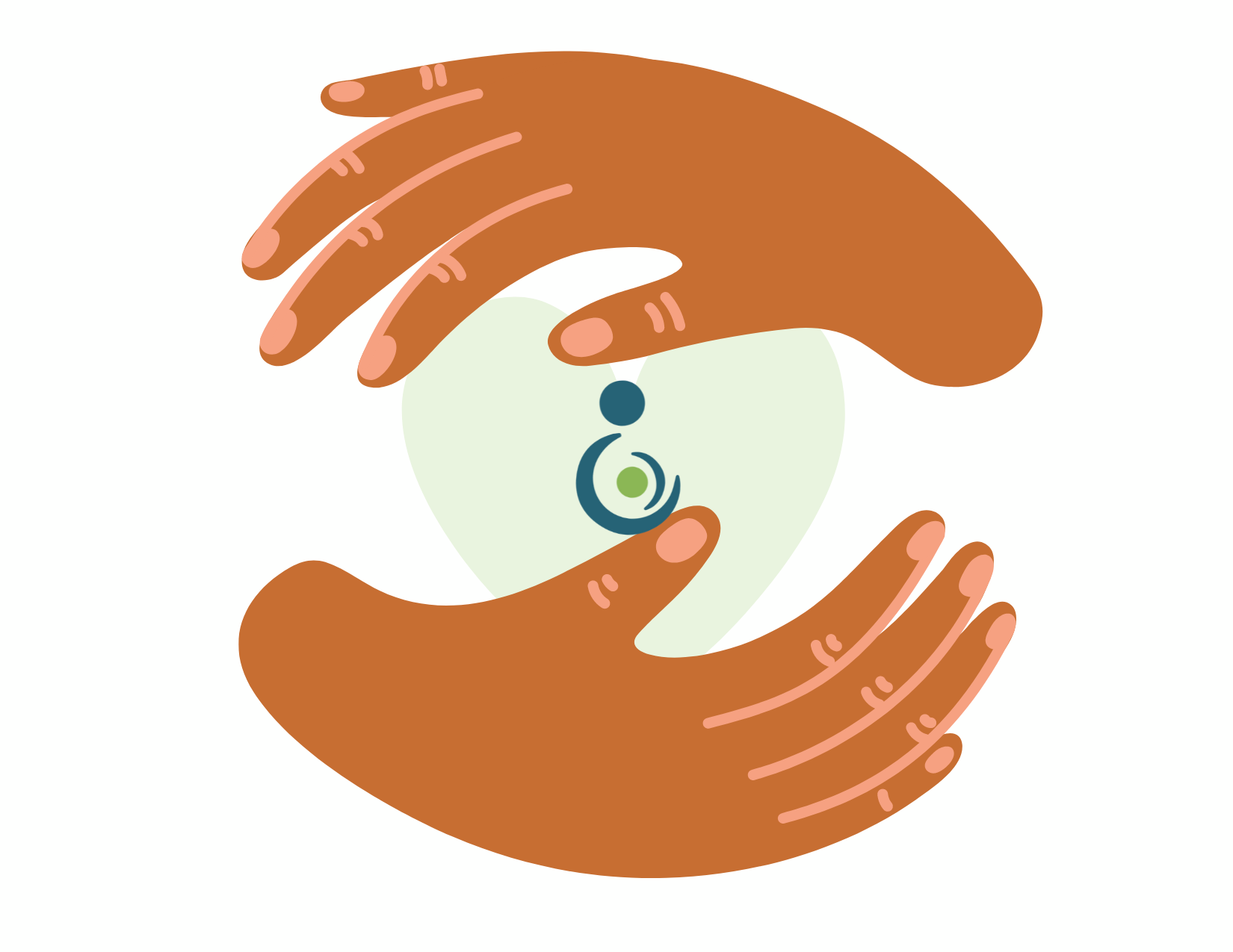 illustrated image of hands wrapped around a small heart that has the Pregnancy HUB logo in the middle of the heart.